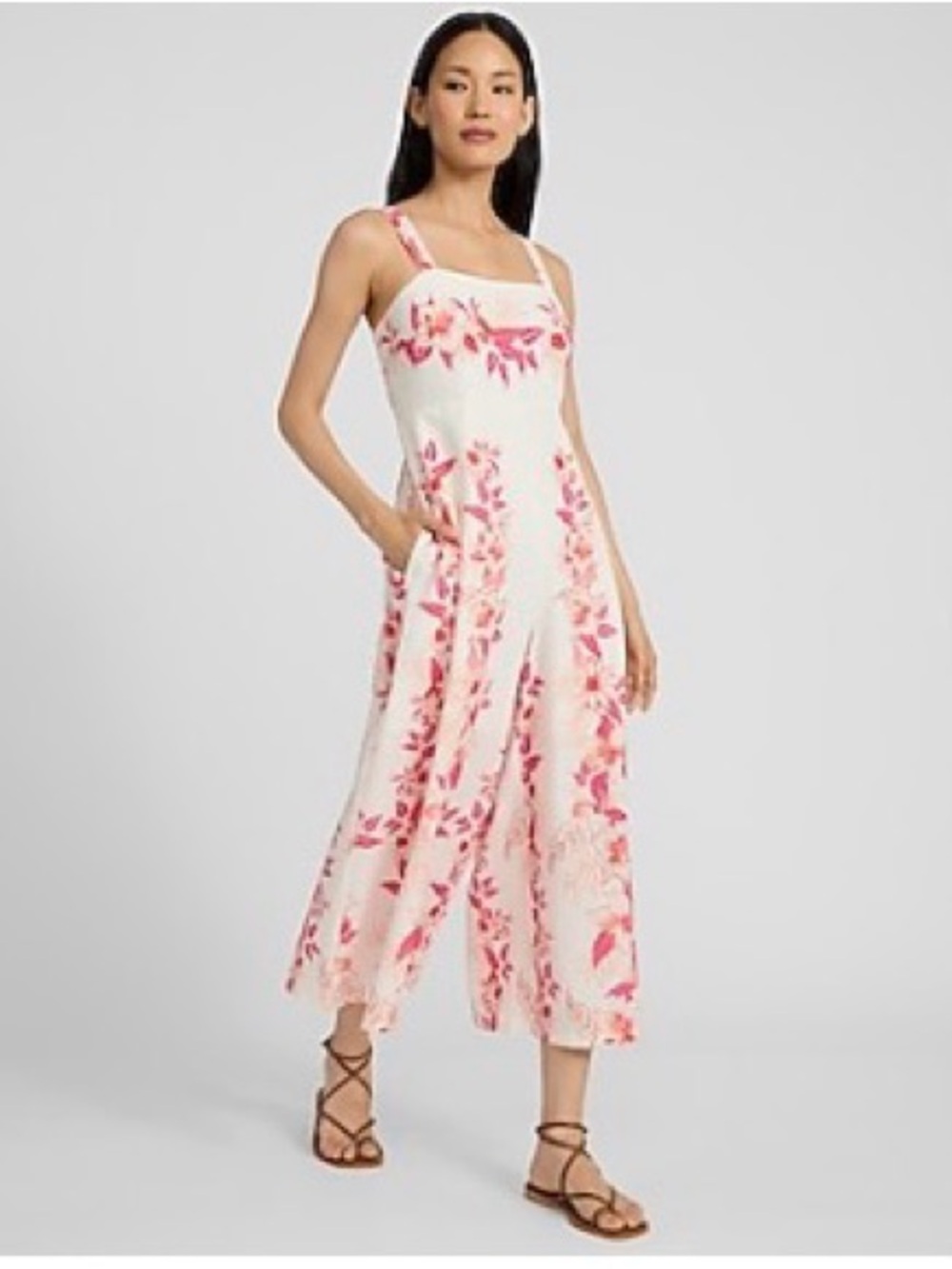 Express Pink Floral Square-Neck Midi Jumpsuit on White